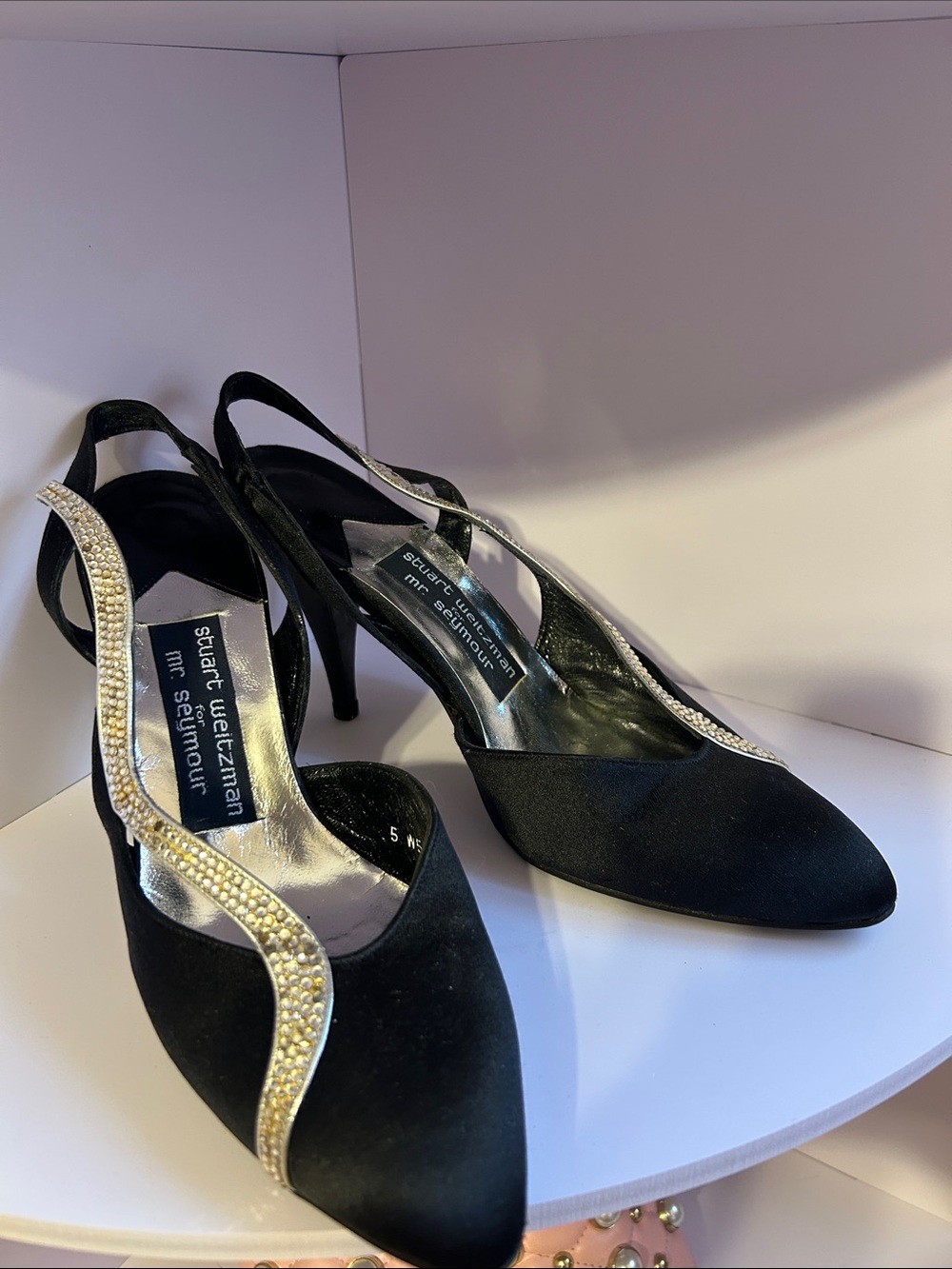 Vintage Stuart Weitzman Black Satin Slingback Heels with Crystal Trim